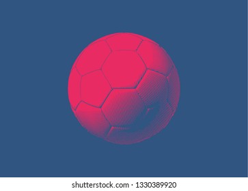 Red soccer ball or football engraving drawing illustration isolated on deep blue background