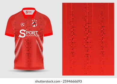 Red soccer jersey with dark red dots
A large white logo with the word "SPORT" on the front of the jersey with a smaller word "BACKGROUND" below.