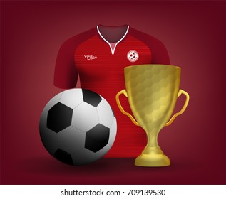 Red soccer jersey shirt football and trophy cup on red gradient backdrop. Concept for soccer match tournament result background in vector illustrative