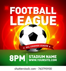 Red Soccer league flyer design template with football ball. Football sports invitation template. Isolated vector illustration.