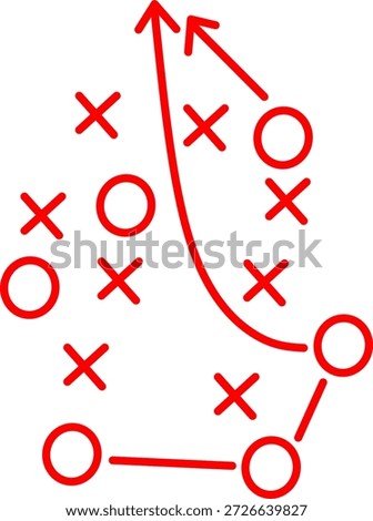 Red soccer tactics pattern with circles, crosses, and arrows, hand-drawn football strategy background illustrating coaching plans, team movement, and play diagrams.