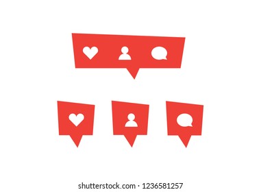 Red social media bubble shape with like heart, follower person, and comment icon. Simple flat design. Vector illustreted