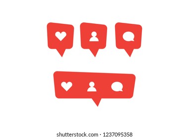 Red social media bubble shape with like heart, follower person, and comment icon. Simple flat design. Vector illustreted