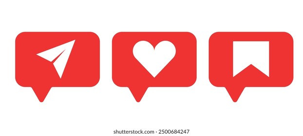 Red Social Media Vector Icons, Like, Direct Message, Send symbol, Graphic elements for App in Flat style, Smart phone illustration, Vector stock