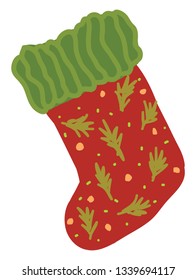 A red sock with green border small peach circles and green leaves design drawn on it vector color drawing or illustration