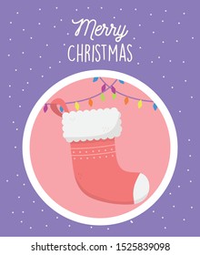 red sock lights snow merry christmas tag vector illustration