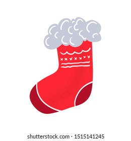 Red sock of Santa, vector illustration on white background. Gift sock with scandinavian ornament. Christmas sticker. Winter holiday greeting card design element. Xmas gift. New Year clipart