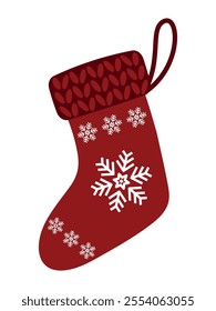 Red sock with white snowflakes. Christmas sock for gifts to hang on the fireplace. St Nicholas sock. Decorative element for Christmas design.