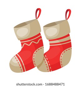 Red Socks, Christmas and New Year Symbol, Traditional Holiday Decoration Vector Illustration