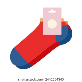 Red socks with logo tag hosiery, low cut length. Fashion accessory clothing technical illustration stocking. Vector, side view for Men, women, unisex style, flat sketch outline on white background