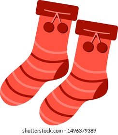 Red socks with pompons. Warm clothes in the cold season. Icon illustration. Sticker. Cute red knitted wool socks. Cold weather, winter or autumn outdoor leisure activity