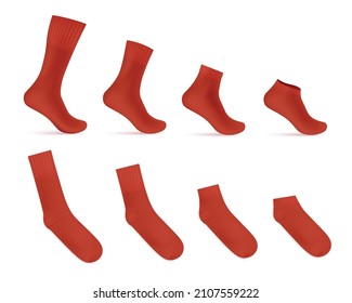 Red socks templates collection of various length - empty and on invisible mannequin leg, 3d realistic vector illustration isolated on white background.