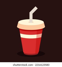 Red soda cup with straw. Disposable plastic or paper beverage package for soft drinks. Fast food menu. Junk food or unhealthy meal. Cute cartoon vector icon. Flat graphic design isolated illustration.