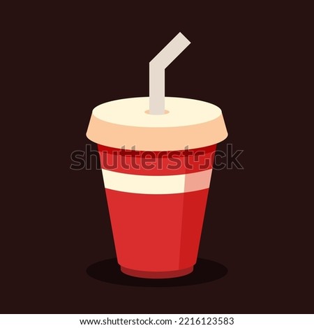 Red soda cup with straw. Disposable plastic or paper beverage package for soft drinks. Fast food menu. Junk food or unhealthy meal. Cute cartoon vector icon. Flat graphic design isolated illustration.