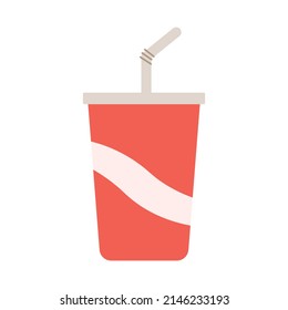  Red soda drink cup with straw. Fast food beverage isolated on white background. Vector illustration cartoon flat style.