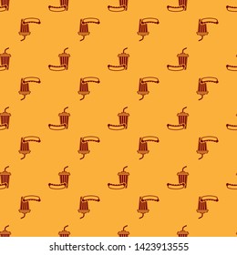 Red Soda and hotdog icon isolated seamless pattern on brown background. Fast food symbol. Vector Illustration