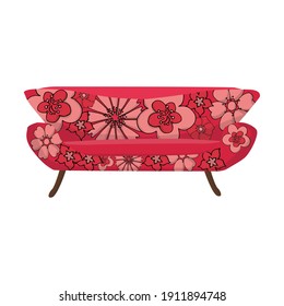 Red sofa with beautiful floral pattern. Vector illustration in a flat style.