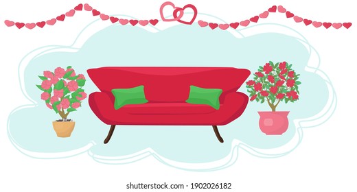 sofá rojo entre los arbustos de flores en macetas. Ilustración vectorial en un estilo plano.