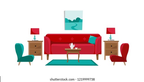 Red sofa with cofee table, nightstands, painting, table lamps, vase, carpet, soft chair and slippers in living room. Porcelain set of pot and two cups on table. Flat cartoon vector in white background