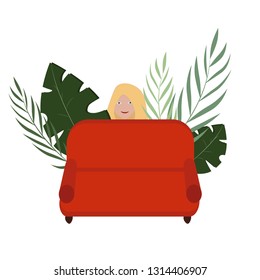 red sofa design with tropical leaves and plants blond girl with blue eyes looking from sofa imagination vector illustration 