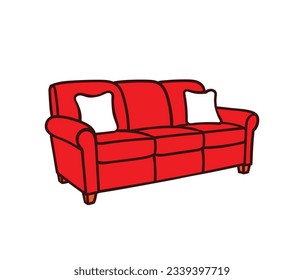 Red Sofa flat illustration, interior furniture vector