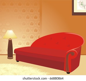 Red sofa and floor lamp. Fragment of interior. Vector