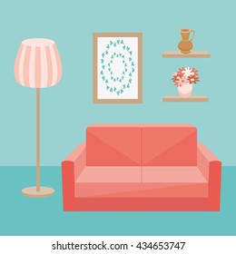 Red sofa and floor lamp in interior of room where walls are picture and vase. Vector illustration