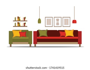 red sofa and green armchair with shelves and books, flat vector illustration on a white background
