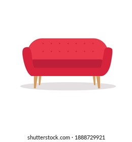 Red sofa, interior. Furniture design. Flat wind illustration.