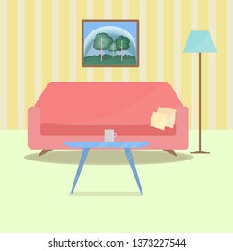 red sofa with lamp, table and painting