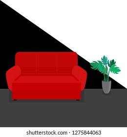 Red sofa and monstera on black white background. Interior in minimalistic style