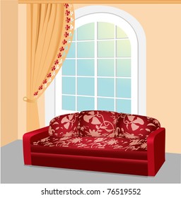 Red sofa near the big window with beautiful lace curtain