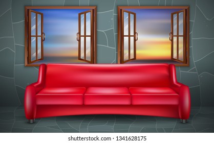 red sofa on marble floor with glass windows in the room