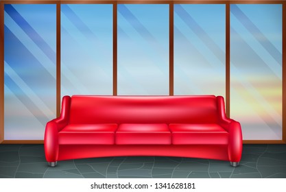 red sofa on marble floor with glass windows in the room