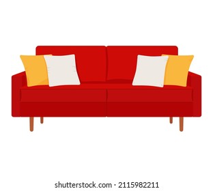Red sofa with pillows isolated on a white background.