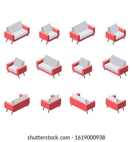 Red sofa set. Vector 3d isometric, color web icon, new flat style. Creative illustration design, idea for infographics.