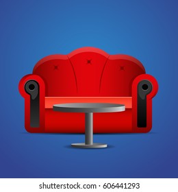 Red sofa with table on blue background