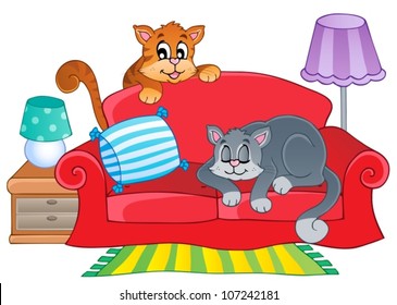 Red sofa with two cartoon cats - vector illustration.