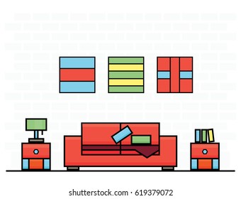 Red Sofa with Two Curbstones. Vector Illustration. Room Interior.