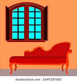 sofá vermelho com design exclusivo e elegante, perto da janela