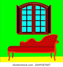 rotes Sofa mit einzigartigem und elegantem Design, in der Nähe des Fensters