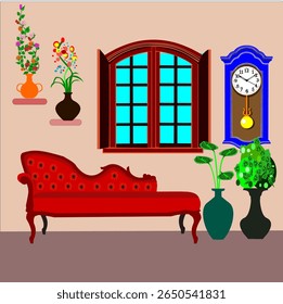 red sofa with unique, and elegance design, and a window, and a vintage wall clock.