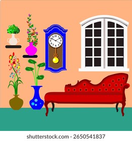rotes Sofa mit einzigartigem, elegantem Design, einem Fenster und einer Vintage-Wanduhr.