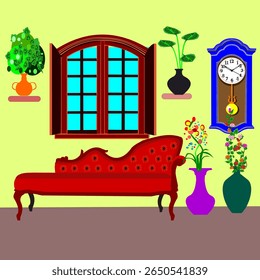 sofá vermelho com design exclusivo e elegância, e uma janela, e um relógio de parede vintage.