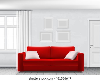 Red sofa in white interior with window, curtain and door. 