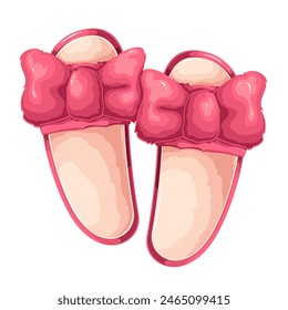 Zapatillas de casa suaves rojas con nudo de arco de dibujos animados. Divertida decoración difusa en par de zapatos de casa femeninos, traje de fiesta de pijama y mascota accesoria, vista superior de dibujos animados de la Ilustración vectorial de calzado