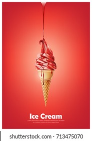 Red Soft Ice Cream Cone, Pour Melted Red Syrup, Strawberry Raspberry Fruit Flavor, Vector Illustration