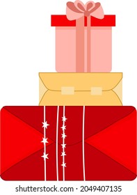 Red, soft pink and beige gift box set with ribbon. Holiday gift boxes. Vector illustration