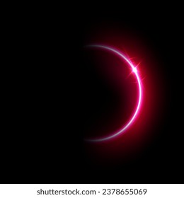 Red solar eclipse flare vector Illustration. Glowing sunlight circle with shining star. Energy semicircle bright curve with glare on edge, shiny design element on black background.