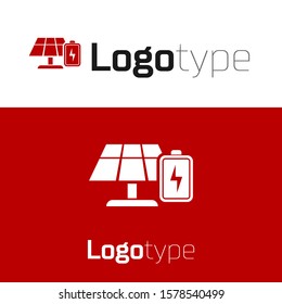 Red Solar energy panel and battery icon isolated on white background. Logo design template element. Vector Illustration